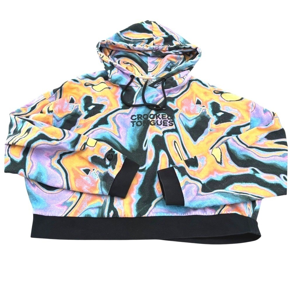 Crooked Tongues Psychedelic Marble Print Cropped Hoodie M Medium Sweatshirt